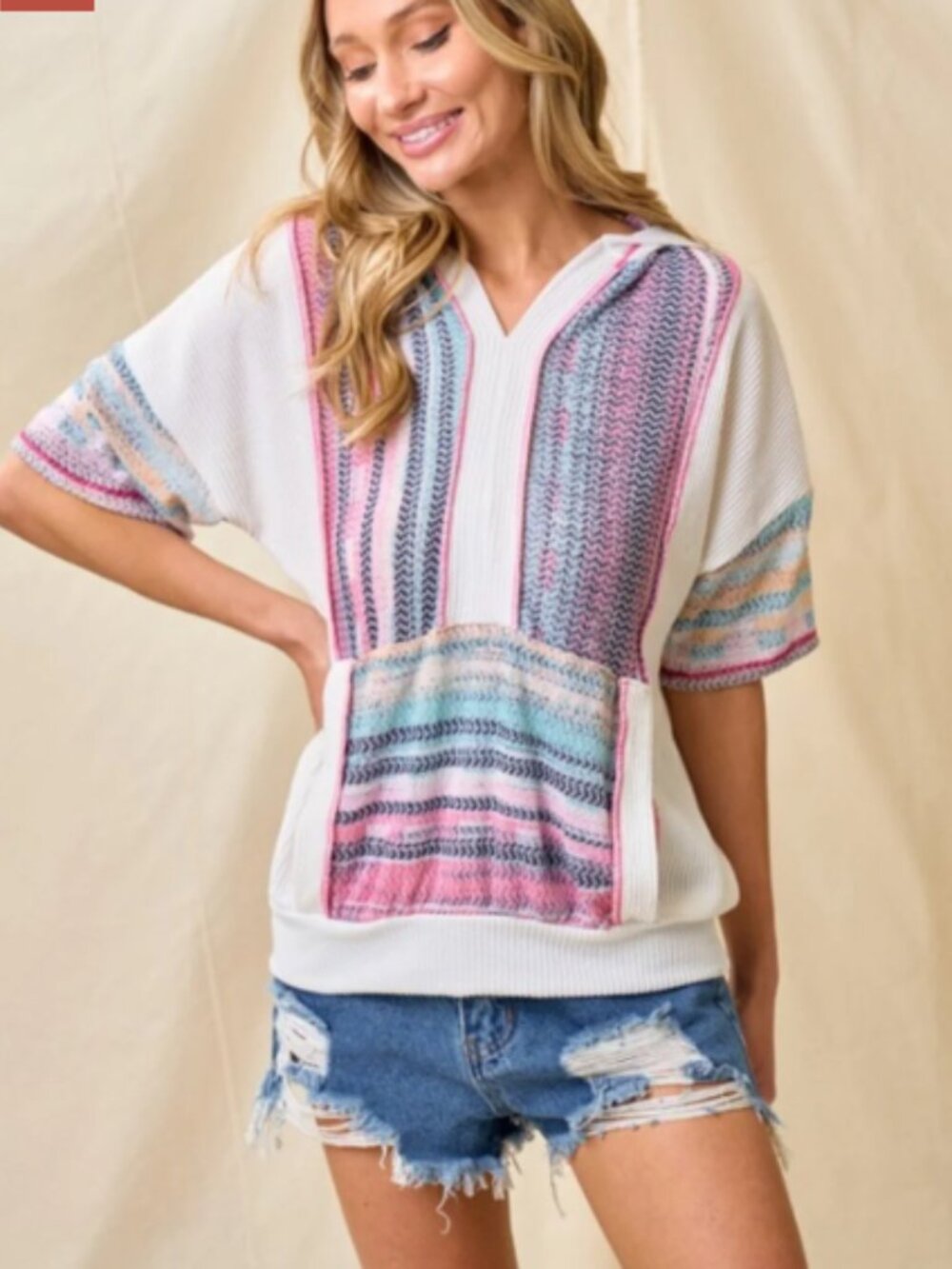 NWOT "The Emery" White Multicolor Stripe Contrast Front Hooded Top M